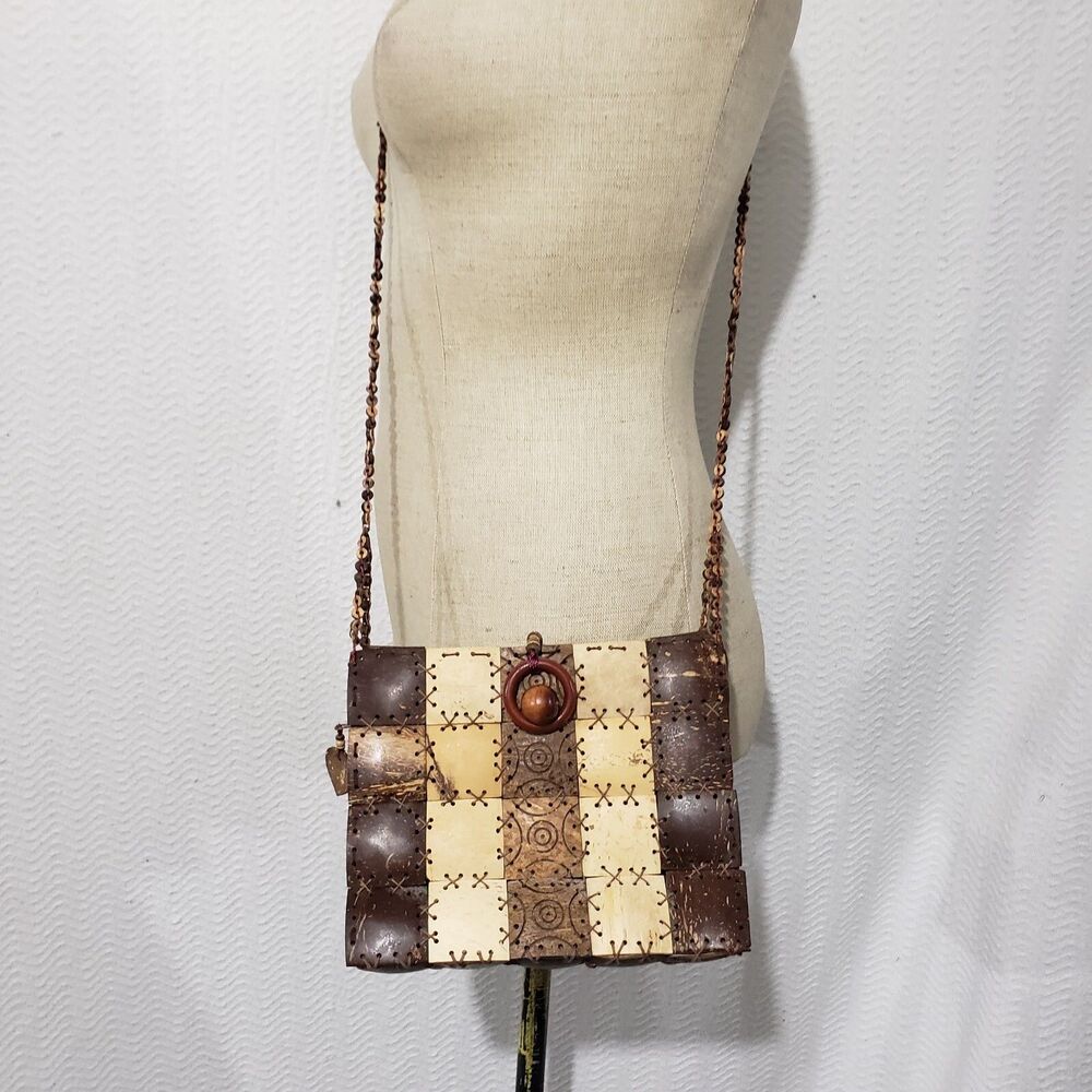 Wooden Purse Handbag Crossbody  Beaded Strap Made in Thailand